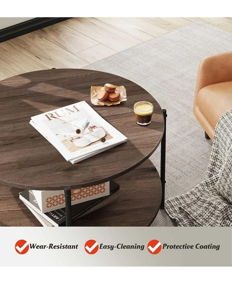 Wlive Round Coffee Table, Living Room Table with 2-Tier Storage Shelf,32in Wood Modern Coffee Table with Metal Frame and Wood Desktop,Easy Assembly&#x