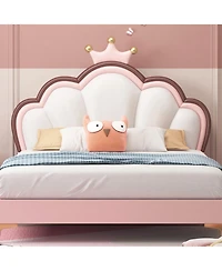 Queen Size Platform Bed Frame with Crown Shaped Headboard, Large Full Children's Bed Frame, Single Double Bed with Pu Leather Headboard