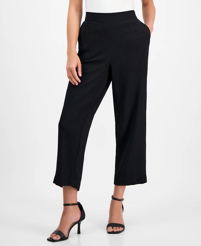 Ak Anne Klein Petite Textured Pull-On Mid-Rise Wide-Leg Pants