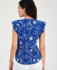 Ak Anne Klein Petite Printed V-Neck Ruffle-Sleeve Blouse
