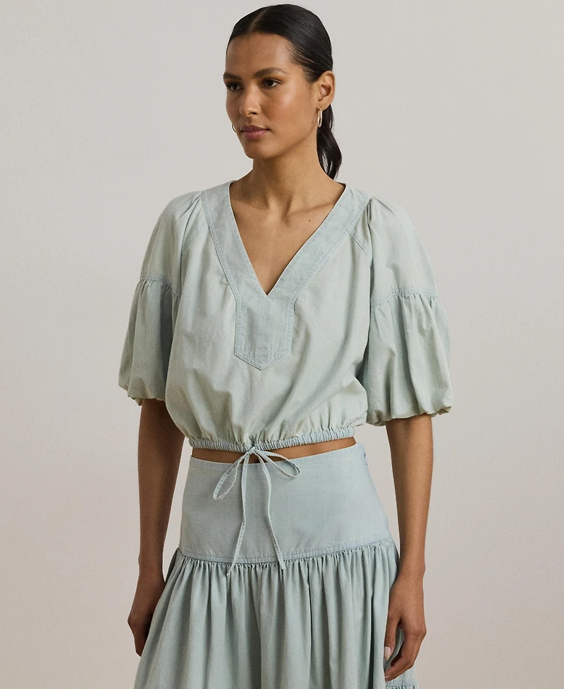 Lauren Ralph Women's Chambray Cropped Bubble-Sleeve Blouse