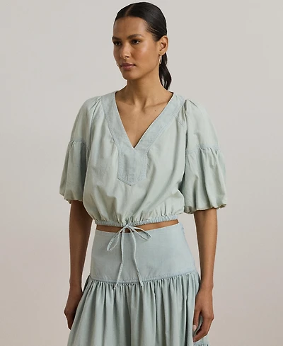 Lauren Ralph Women's Chambray Cropped Bubble-Sleeve Blouse