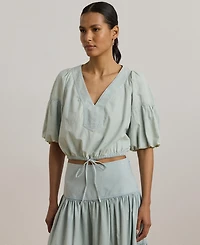 Lauren Ralph Women's Chambray Cropped Bubble-Sleeve Blouse