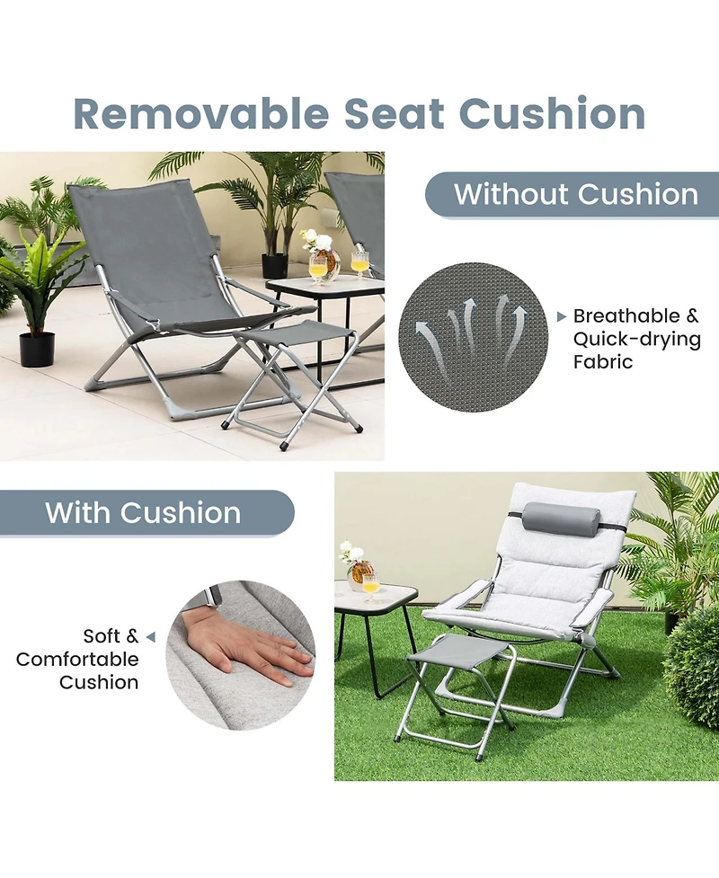 5pcs Patio Folding Sling Chair Set Ottoman Table Portable Headrest Outdoor Beach