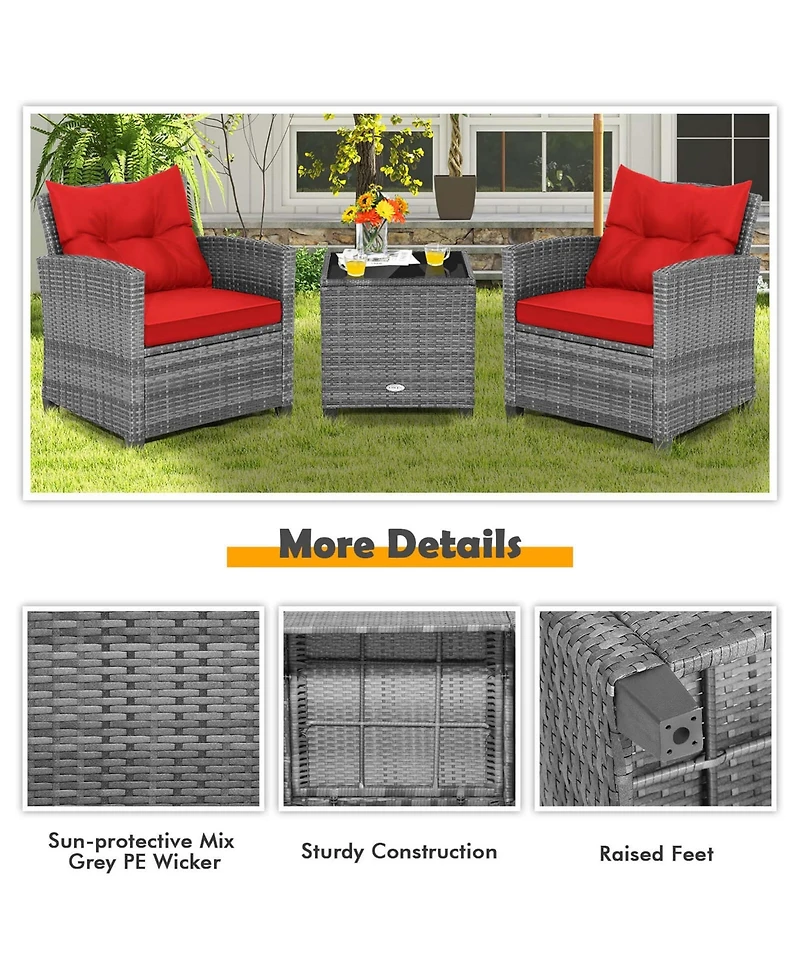 3PCS Patio Rattan Furniture Bistro Set Cushioned Sofas Side Table Armrest
