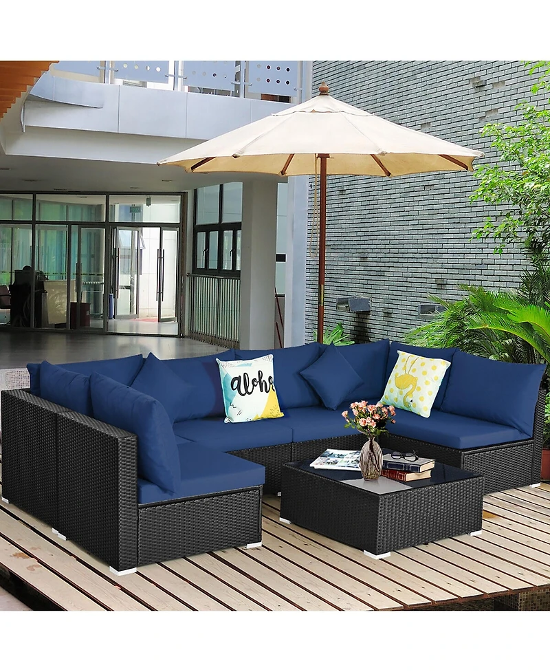 Gymax 7 Piece Patio Rattan Conversation Sectional Furniture Set with Cushion Pillow
