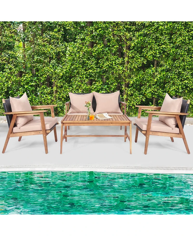 Gymax 4 Piece Patio Conversation Set Outdoor Furniture Set w/ Cushions & Wood Frame