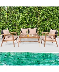 Gymax 4 Piece Patio Conversation Set Outdoor Furniture Set w/ Cushions & Wood Frame