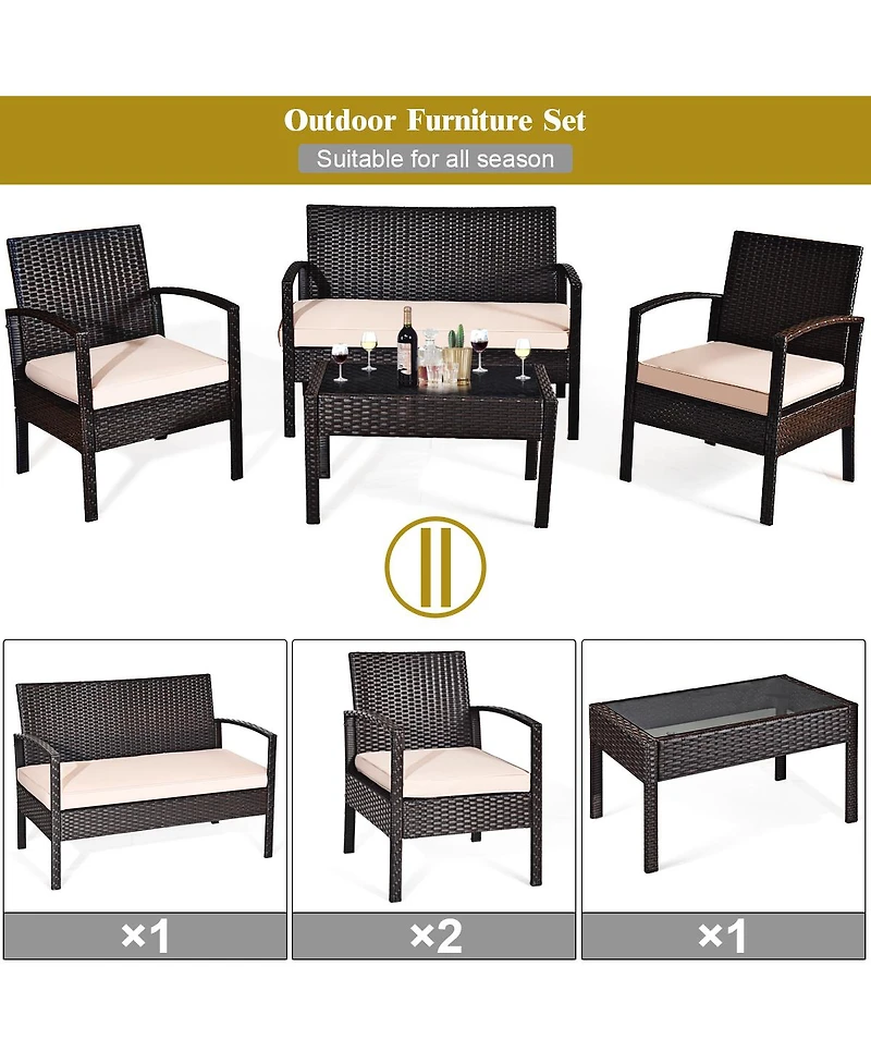 Gymax Piece Patio Rattan Set Sectional Sofa Glass Table w/ Cushions
