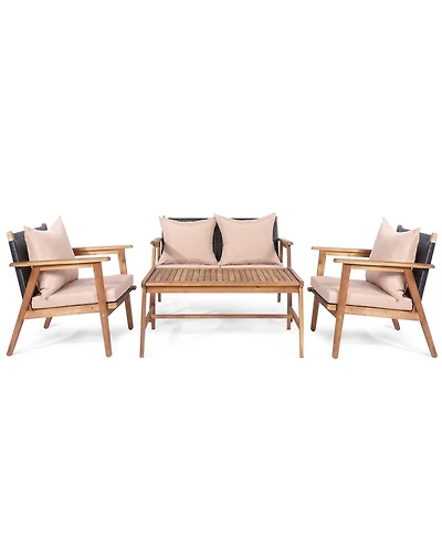 Gymax 4 Piece Patio Conversation Set Outdoor Furniture Set w/ Cushions & Wood Frame