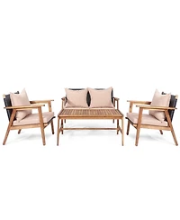 Gymax 4 Piece Patio Conversation Set Outdoor Furniture Set w/ Cushions & Wood Frame