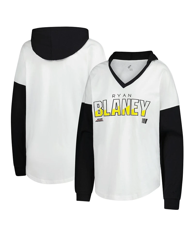 G-iii 4Her by Carl Banks Women's White/Black Ryan Blaney Bench Player Oversized Long Sleeve Hoodie V-Neck T-Shirt