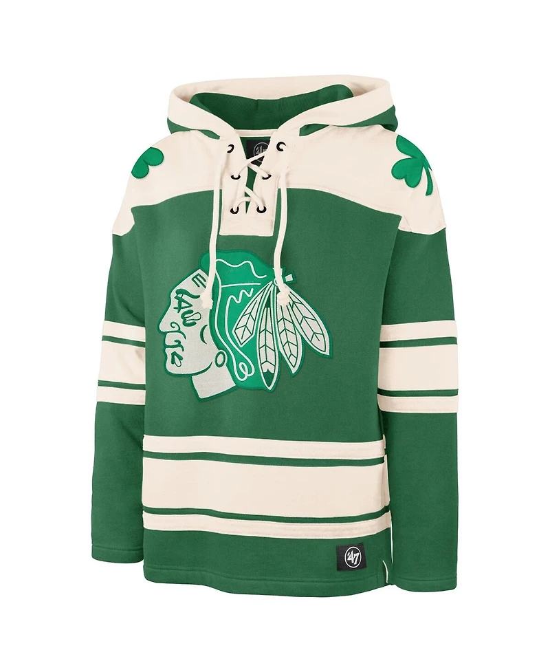 '47 Brand Men's Connor Bedard Kelly Green Chicago Blackhawks St. Patrick's Day Player Name Number Lacer Pullover Hoodie