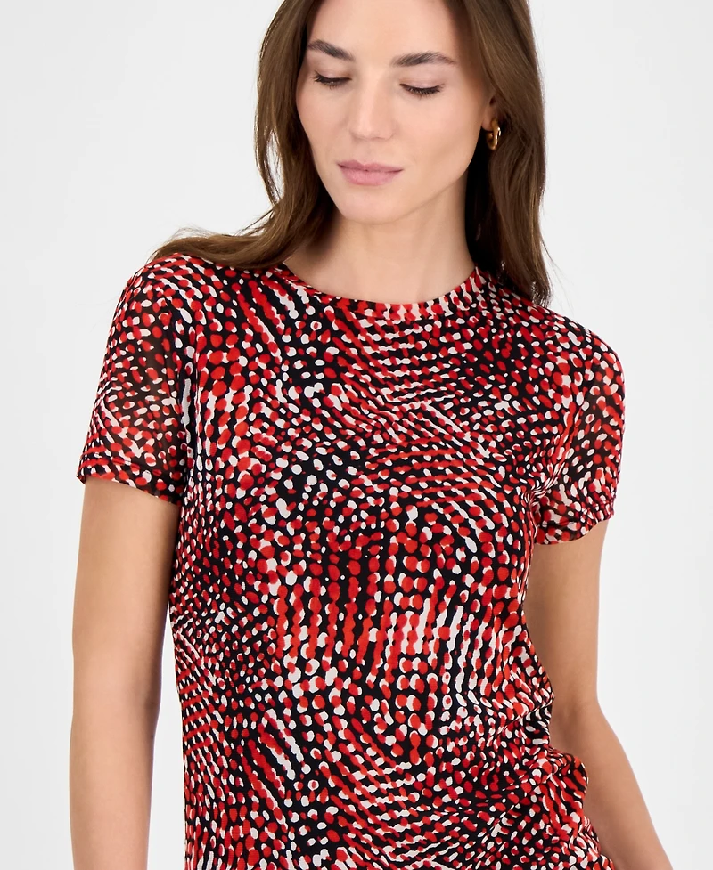 Bar Iii Women's Printed Mesh Crewneck Short-Sleeve Top, Exclusively at Macy's