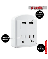 5 Core European Travel Plug Adapter, International Power Plug w/ 2 Usb, 2 Outlet Surge Protector Adaptor Charger