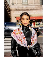 Jessie Zhao New York Double Sided Wool Silk Scarf Of Pink Blossom Jungle
