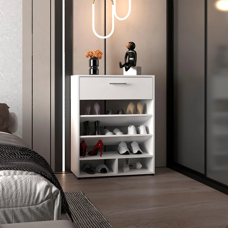 Kearns Shoe Rack, 1 Door, 4 Legs, 5 Shelves, White