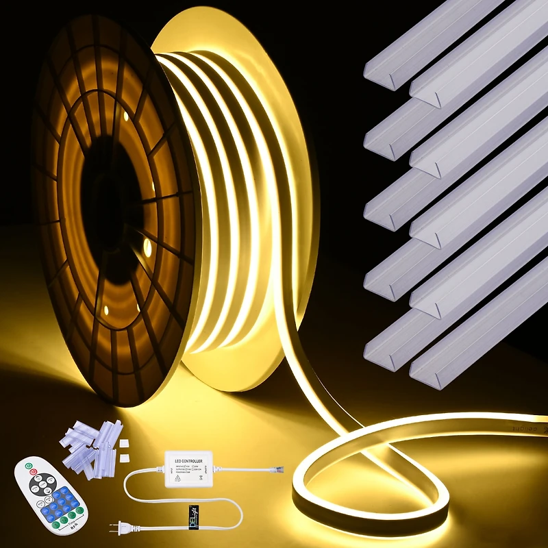 DELight 50FT Warm White Neon Rope Lights with 2" Plastic U Channel System 10PCS,Remote Control Ac 110V Waterproof Cuttable Del-D1M50W