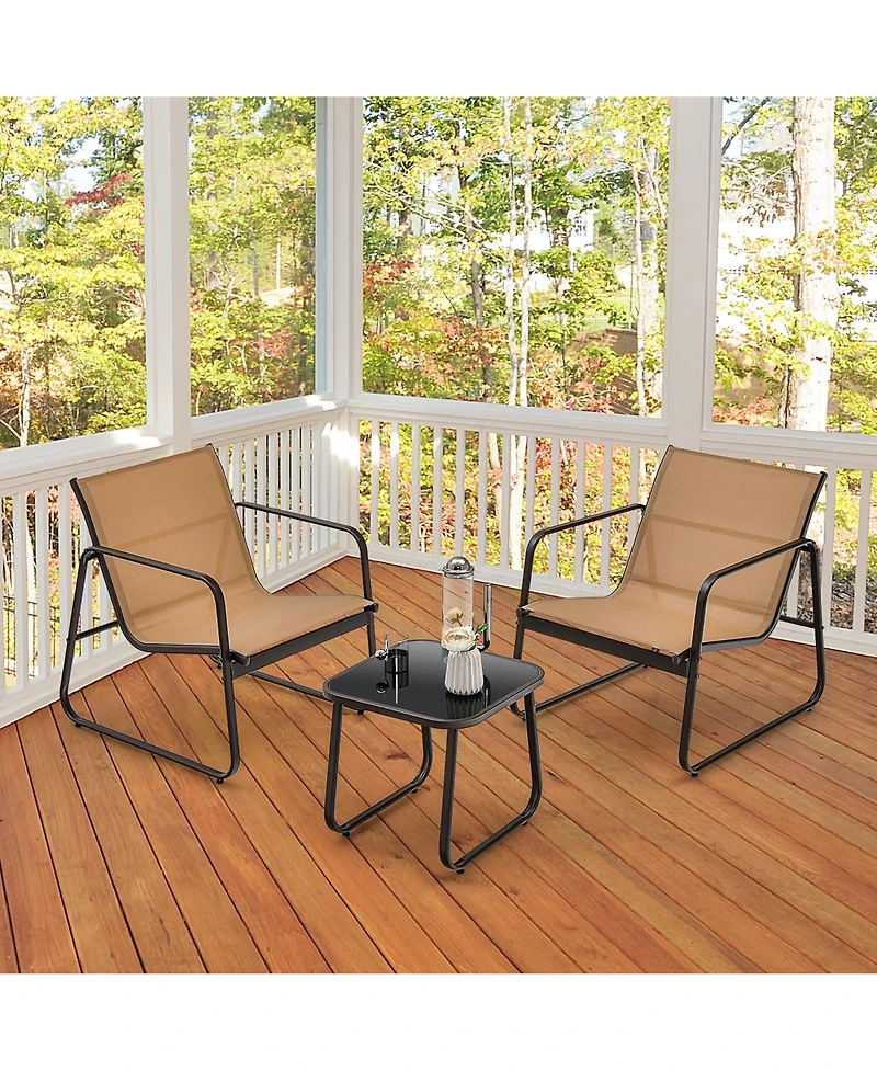 3 Pieces Patio Conversation Set Outdoor Metal Chair & Table Tempered Glass Top