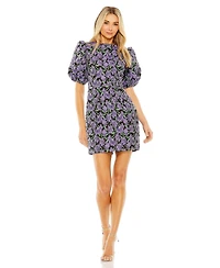 Mac Duggal Women's Bubble Sleeve Brocade Mini Dress