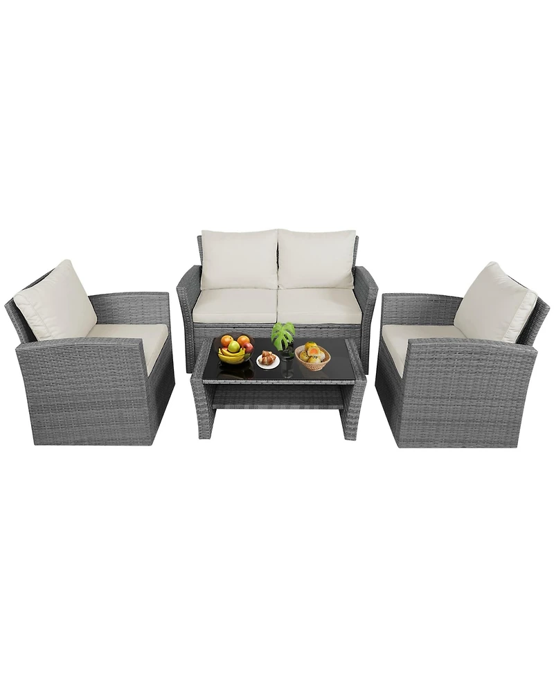 Gymax 4 Piece Outdoor Furniture Set Patio Rattan Conversation Set w/ Cushions