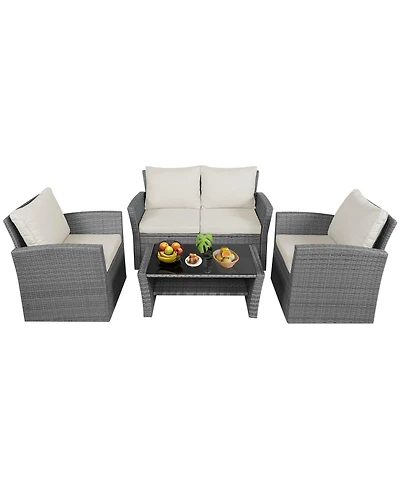 Gymax 4 Piece Outdoor Furniture Set Patio Rattan Conversation Set w/ Cushions