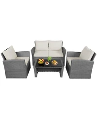 Gymax 4 Piece Outdoor Furniture Set Patio Rattan Conversation Set w/ Cushions
