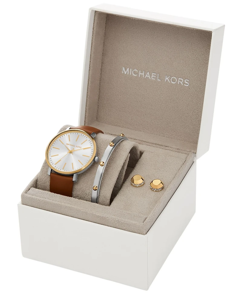 Michael Kors Women's Pyper Three-Hand Luggage Leather Watch and Jewelry Set, 38mm