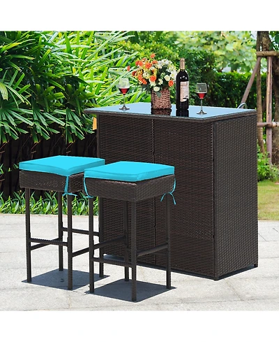 3PCS Patio Rattan Wicker Bar Table Stools Dining Set Cushioned Chairs