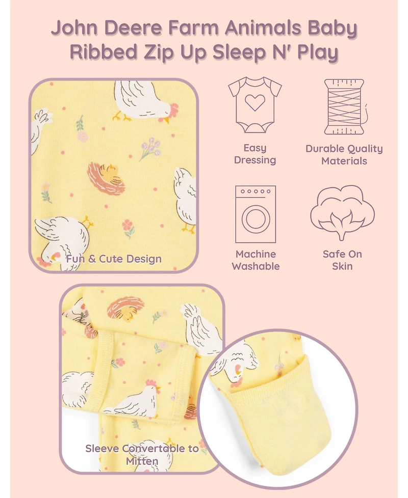 John Deere Baby Girls Animals Ribbed Zip Up Sleep N' Play Coverall