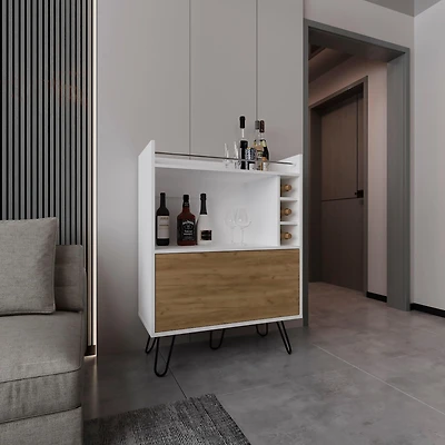 Topton Bar Cabinet, 1 Door, 4 Shelves, White / Natural Oak
