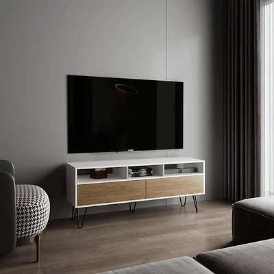 Salunga Tv Stand, 2 Doors, 3 Shelves, 5 Legs, White/Natural Oak