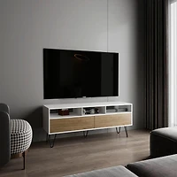 Salunga Tv Stand, 2 Doors, 3 Shelves, 5 Legs, White/Natural Oak