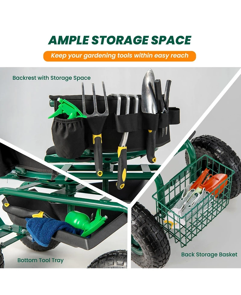 Rolling Garden Cart with Height Adjustable Swivel Seat and Storage Basket