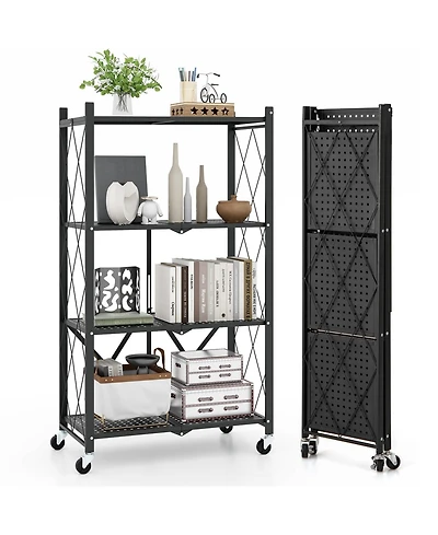 4-Tier Foldable Storage Shelf Collapsible Storage Rack with Lockable Wheels