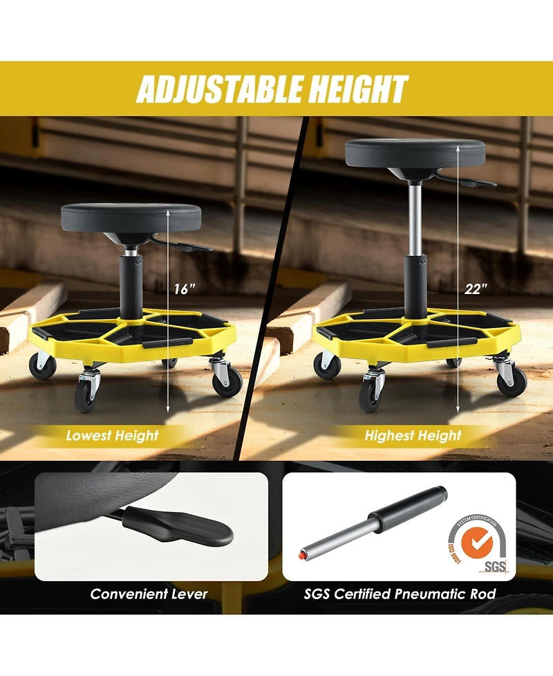 330 Lbs Capacity Pneumatic Rolling Mechanic Stool with Padded Seat
