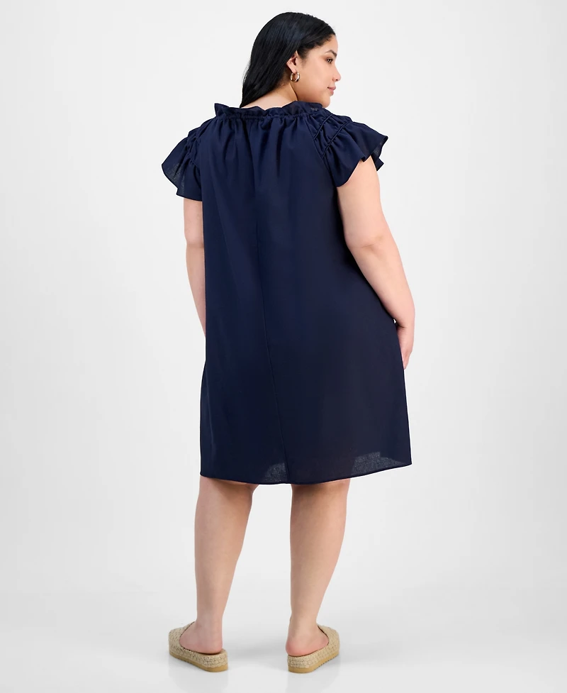 Robbie Bee Plus Size Flutter-Sleeve Tie-Neck Shift Dress