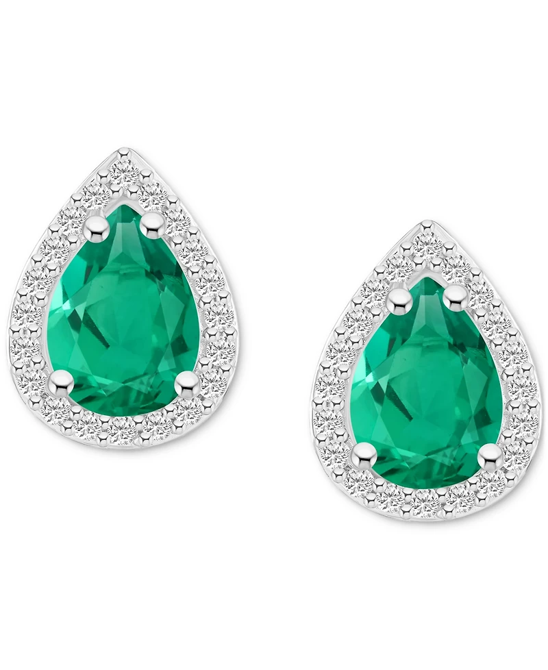 Lab-Created Emerald (1-1/3 ct. t.w.) & White Sapphire Pear Halo Stud Earrings 10k Gold