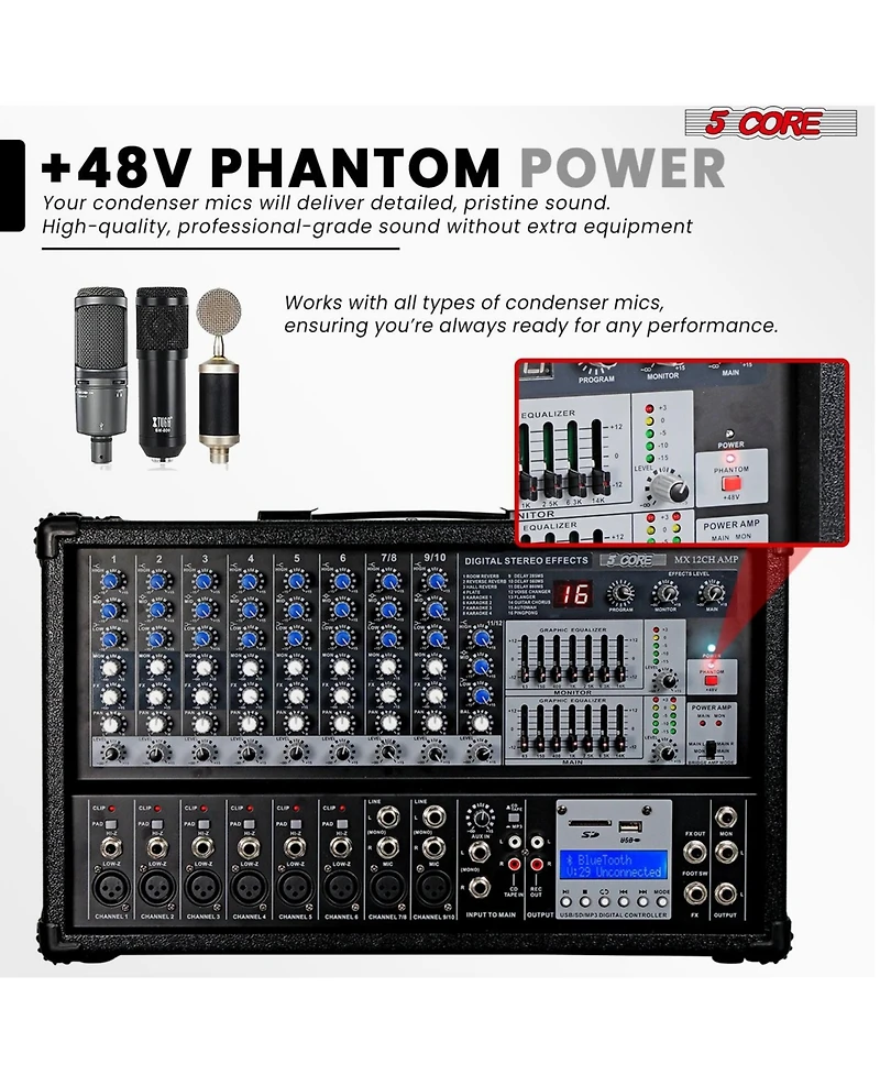 5 Core Audio Mixer 4800W Powered 12 Channel 240V Mixer System Usb MP3 Bluetooth Sd readers Digital Lcd Display