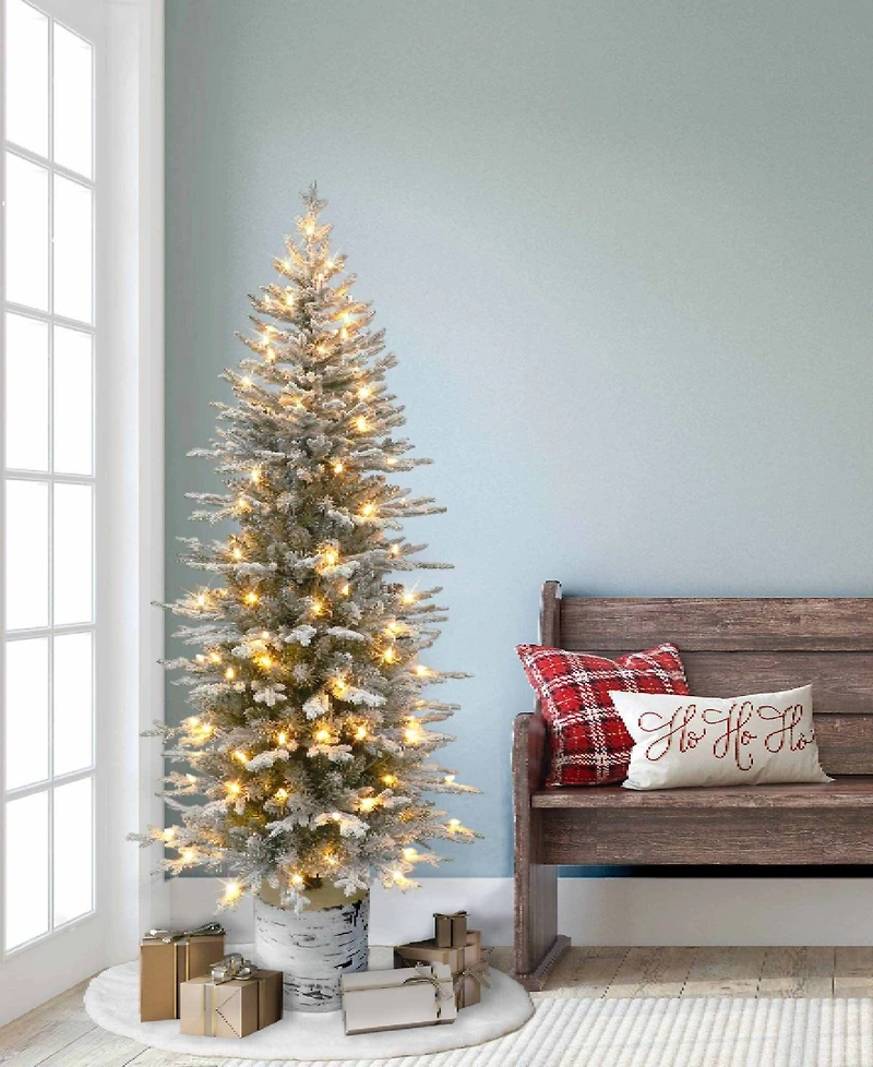 6' Pre-Lit Potted Flocked Arctic Fir Pencil Tree with 120 Color Select Led Lights, 1430 Tips