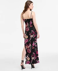 B Darlin Juniors' Cowlneck Side-Slit Floral-Print Slip Dress