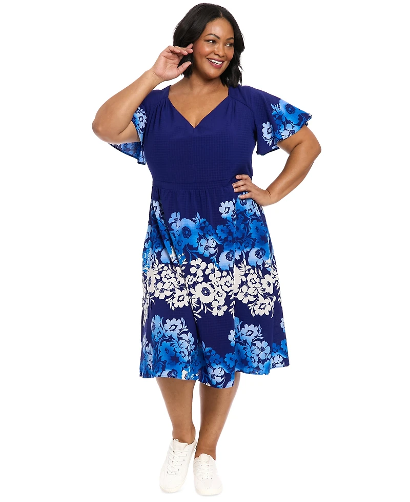 London Times Plus Placed-Floral Flutter-Sleeve Dress