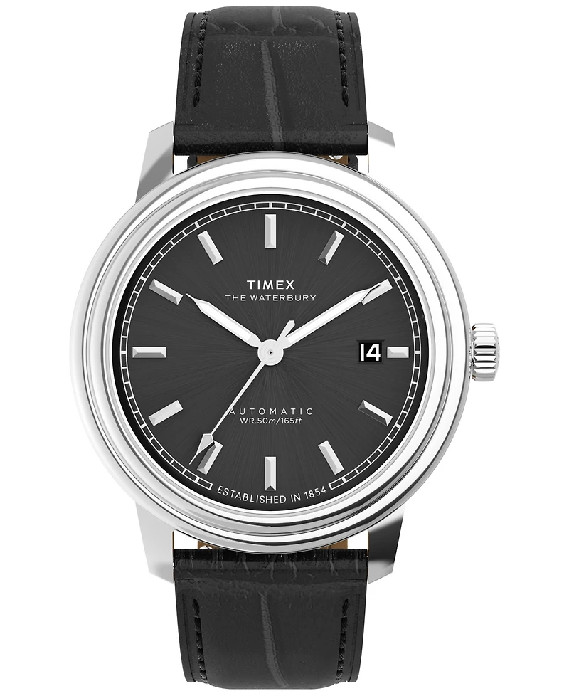 Timex Men's Mechanical Automatic Black Leather Watch, 41mm