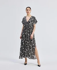 Reistor Women's Deep V-neck Maxi Dress with Front Gathers Black Florals