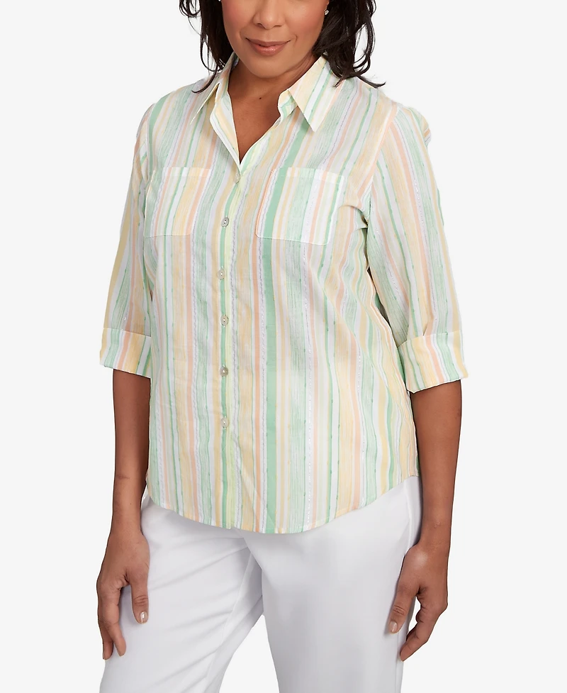 Alfred Dunner Petite Rise & Shine Sunny Stripes Button Down Top