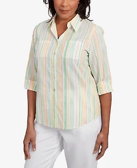 Alfred Dunner Petite Rise & Shine Sunny Stripes Button Down Top