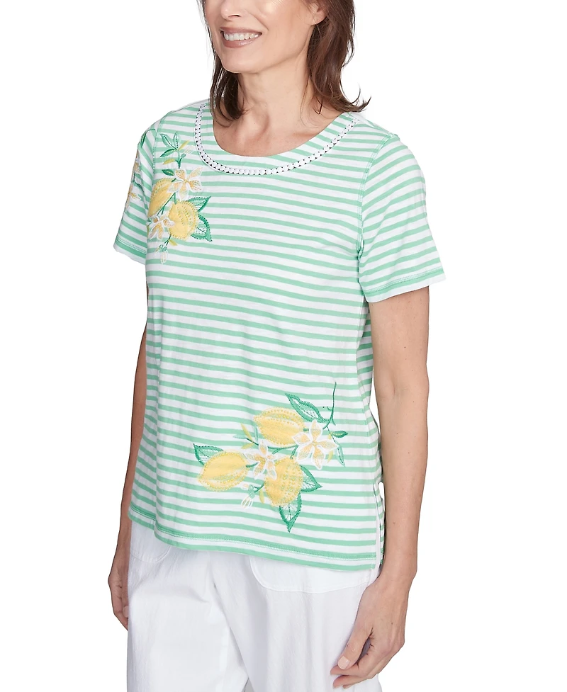 Alfred Dunner Petite Rise & Shine Lemon Printed Striped Top