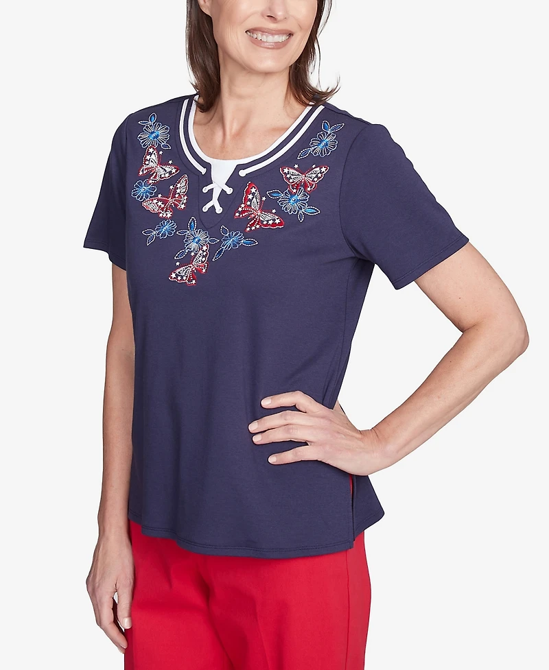 Alfred Dunner Petite Land of The Free Butterfly Criss-Cross Crew Neck Top