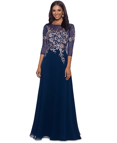 Betsy & Adam Petite Floral-Embroidered Mesh Gown