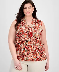 Kasper Plus Printed Pleat-Neck Top
